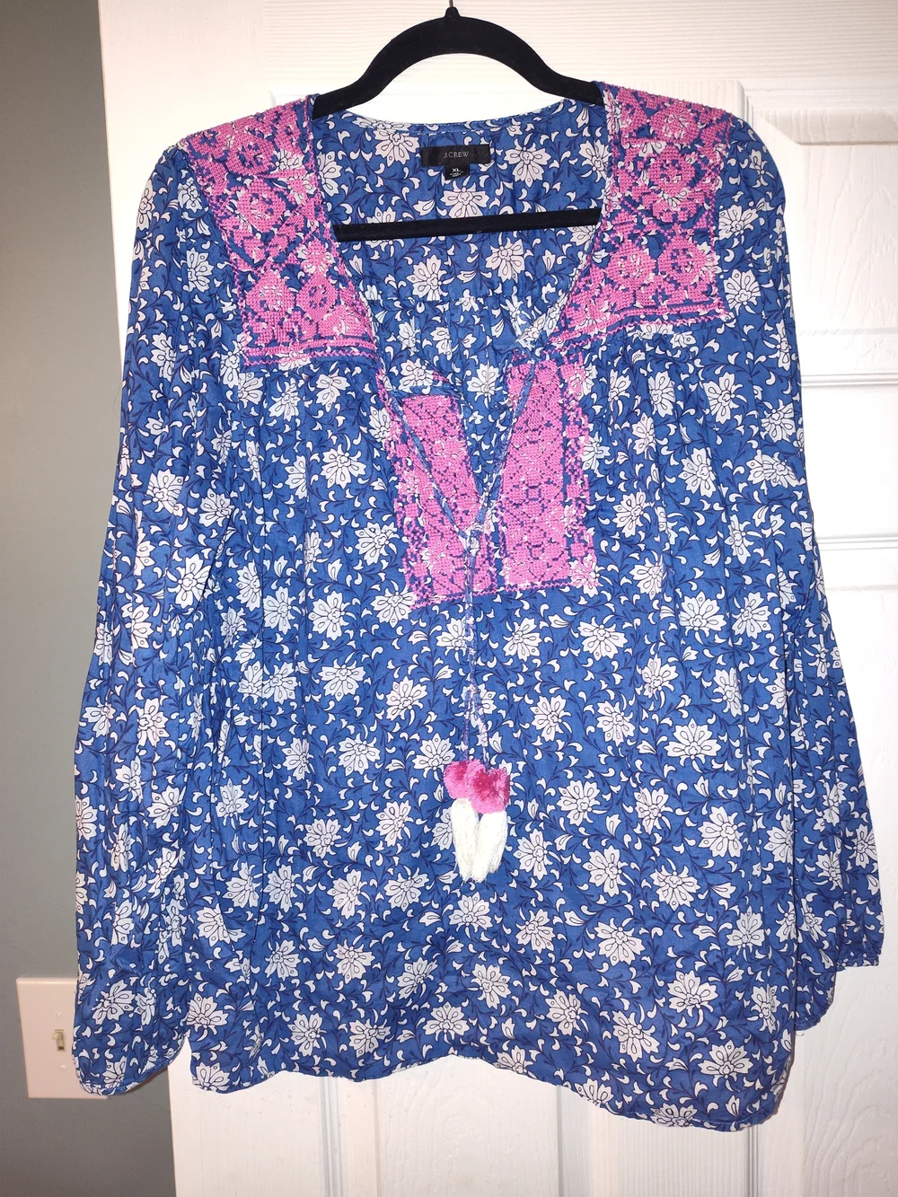 J. Crew Blue and White Floral Blouse with Pink Embroidery